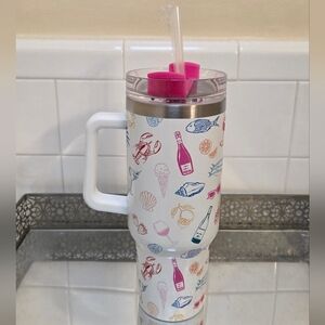 Francesca's Collections White Travel Tumbler with Pink Lid & Coastal Print